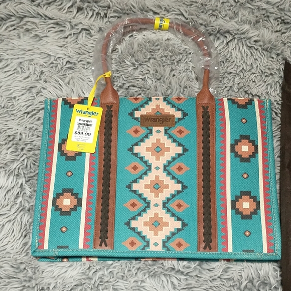 Wrangler Handbags - Wrangler Turquoise Aztec-Pattern Large Tote with Brown Trim